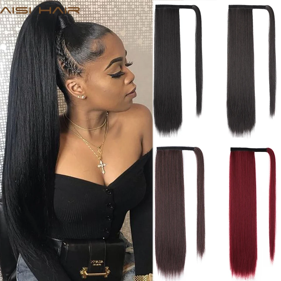 

AISI HAIR Kinky Curly Synthetic Long Black Ponytail Extension Clip Wrap Around Magic Paste for Women Brown Ponytail Fake Hair