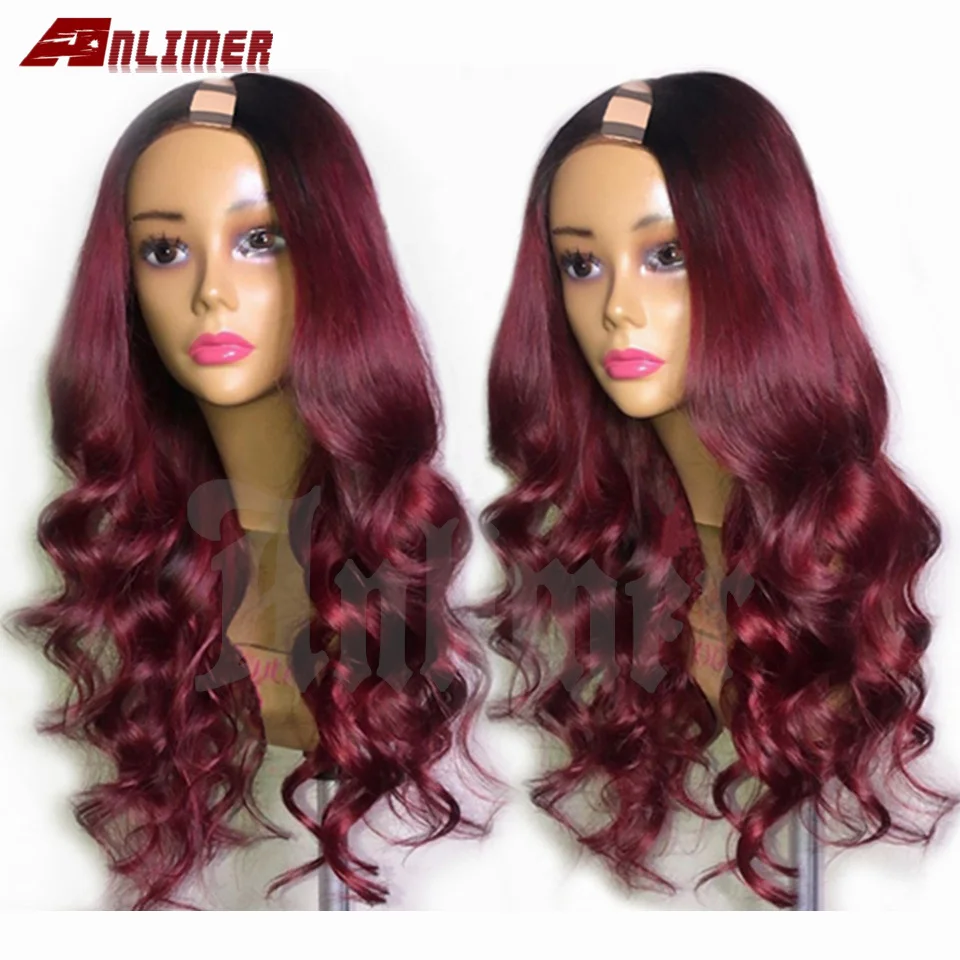 Brazilian Ombre Burgundy U part Human Hair Wigs for Black Women Middle Part 180 Density Wine Red Body Wave Human Hair U Part Wig