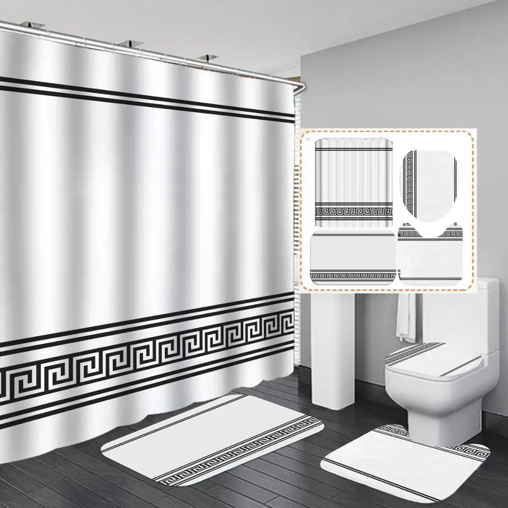 waterproof cloth white arrow bathroom black shower curtain 4 piece set carpet cover bath mat pad toilet cover for home decor free global shipping