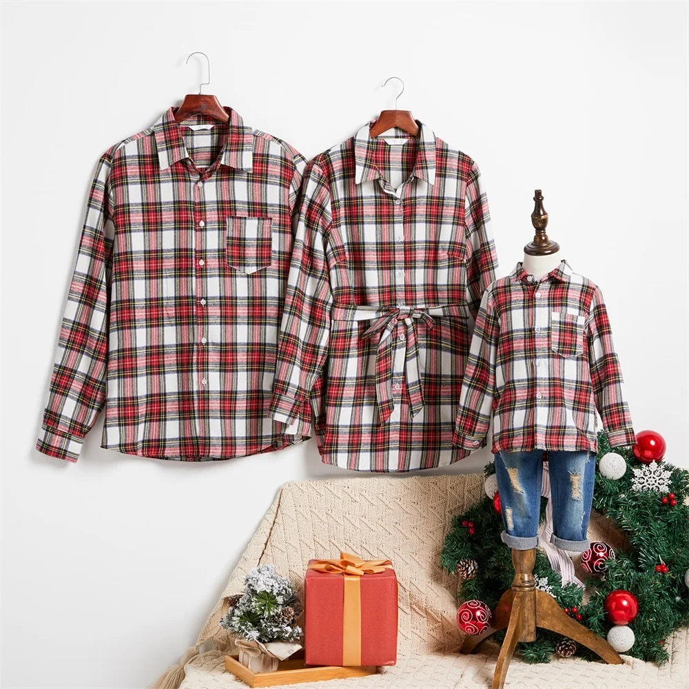 

2021 Red Plaid Family Matching Lapel Collar Long Sleeve Button Front Shirts