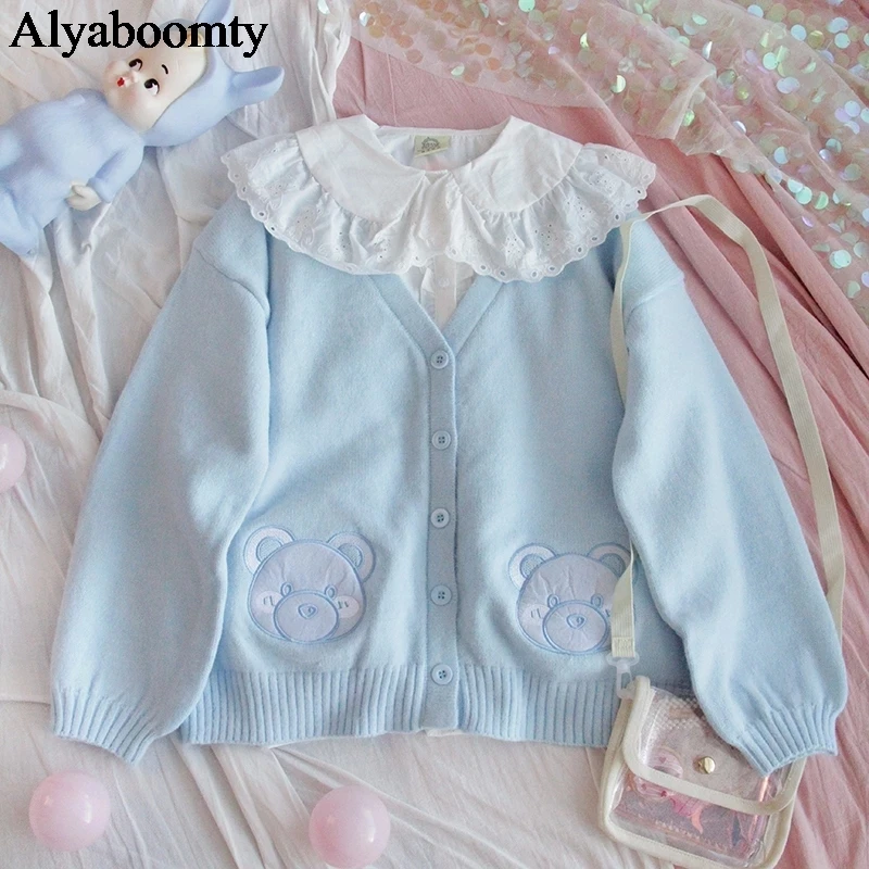 

FAKUNTN Style Spring Autumn Women Sweater Blue Bear/Pink Animal Knitted Outerwear Cute Kawaii Mori Girl Sweet Cardigan