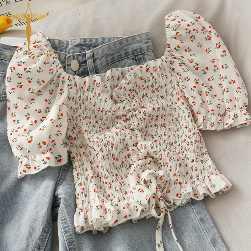 

Harajuku Floral Print Women Tshirt Puff Short Sleeve Korean Clothes Square Collar Drawstring Slim Tshirt Ruffles Female Tshirt