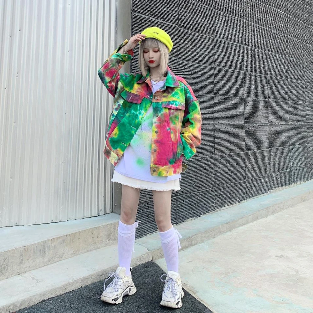 

Denim Jacket Woman Tie Dye Single-Breasted Long Sleeve Coat Hip Hop Casual 2021 New Fashion Spring Autumn Loose Jacket
