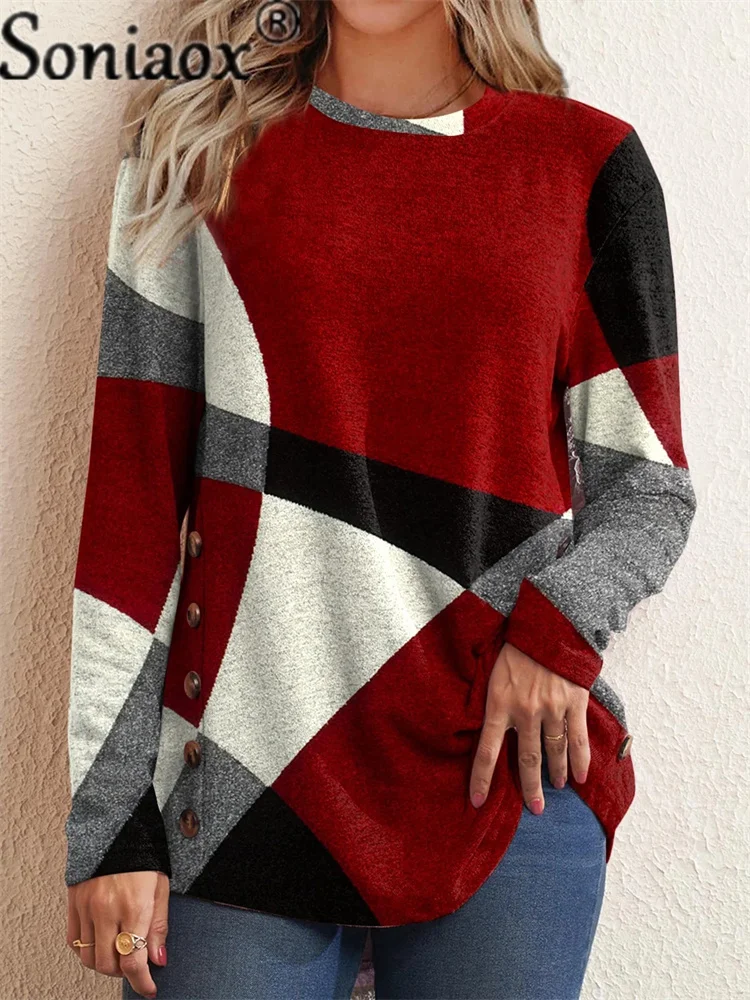 Купи 2022 Spring Fashion Women's Buttoned Geometric Contrast O-Neck Long-Sleeved T-Shirt Casual Printing Loose Stitching Pullover Top за 530 рублей в магазине AliExpress