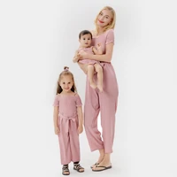mum and daughter short sleeve jumpsuit clothes family look matching outfits clothes soild twining mommy and me overalls clothes