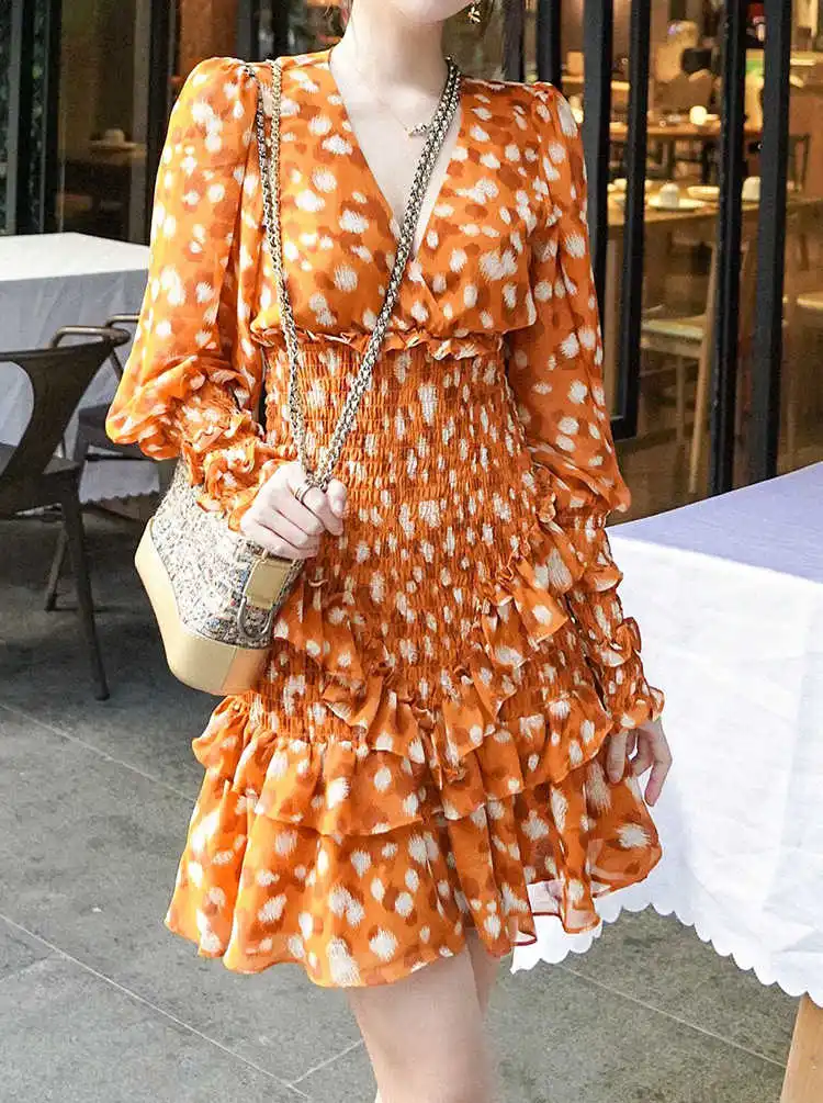 

Женское мини-платье с каскадными оборками, Повседневное платье с длинными рукавами-фонариками, V-образным вырезом и леопардовым принтом, 2020