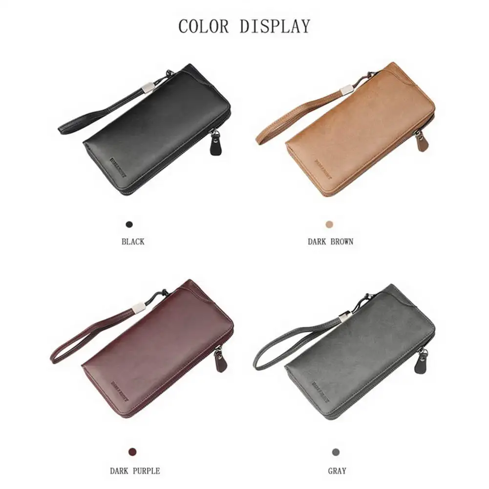 

New Arrival PU Leather Wallet for Men Cash Credit Card Holder Zipper Long Purse with Strap
