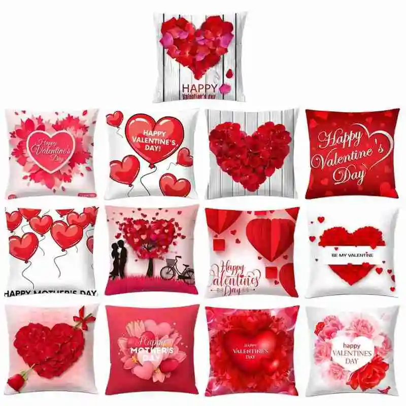 

Happy Valentine's Day Polyester Decorative Cushions Heart Car Couch Red Cover Love Rose You Pillows For Sofa Letter I Y2R7