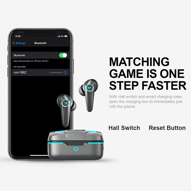 Беспроводные наушники HAVIT Stereo Wireless TWS Bluetooth 5.0 Earphones Gaming Music Dual Mode Full Range Audio LED Light Earbuds Headset.