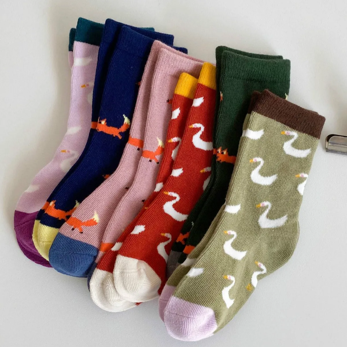 Calcetines de algodón con diseño de zorro y cisne para bebé, calcetín Kawaii, moda coreana, Primavera, 6 par/lote
