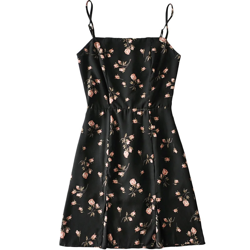 

A Miao Studio Summer New Women's Flower Print Suspender Skirt Front Slit Slim Dress Short Skirt