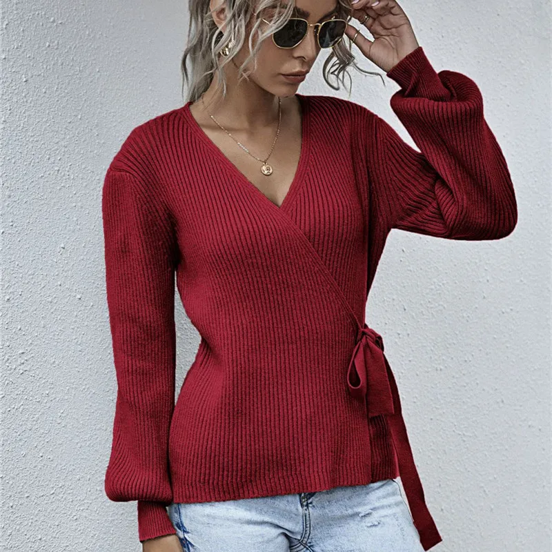 

Korean Style Elegant Women Sweater 2020 Winter V-neck Lantern Sleeves Lace Up Slim Sweater