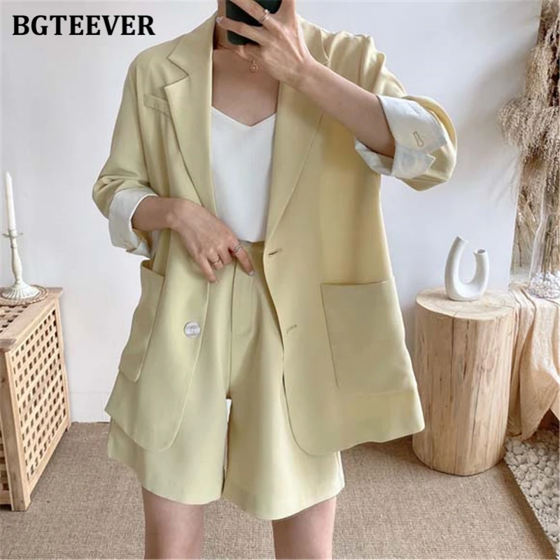 BGTEEVER Elegant Two-piece Women Blazer Suit Pockets Female Shorts Set 2020 Summer Office Ladies Short Pant Suits | Женская одежда