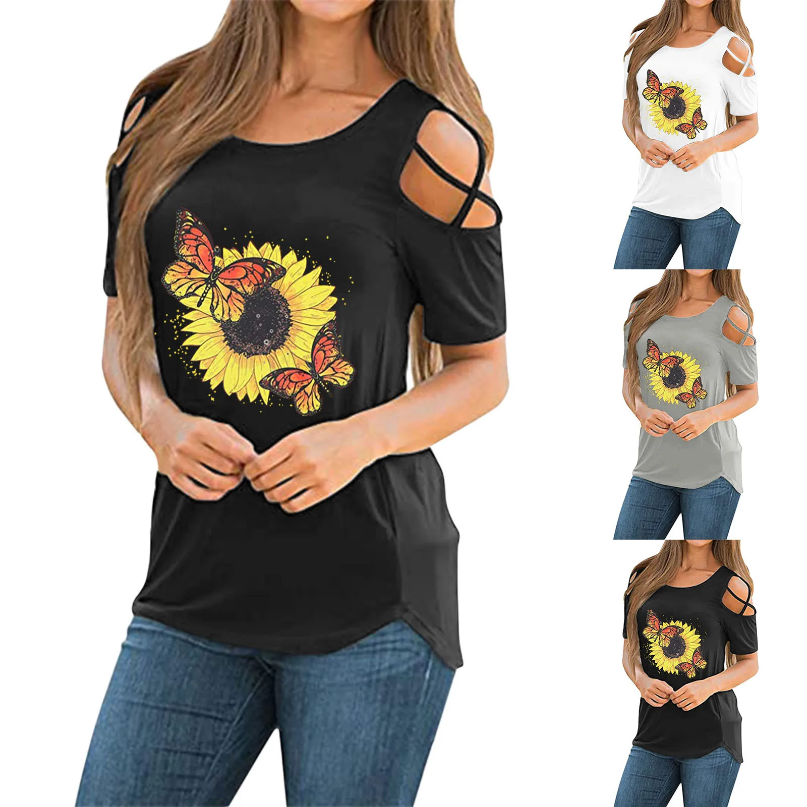 

Women Short Sleeve Round Neck Sunflower Butterfly Print T-Shirt Exposed shoulders Tee Tops Solid Color Blouse All-match T-shirt