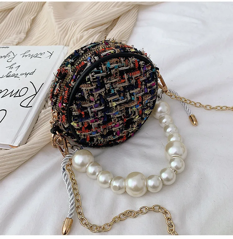 bolsos модные женские сумки-почтальон, круглая сумка на плечо, дизайнерская сумка через плечо, твидовые сумки для женщин, жемчужное колье, сумка