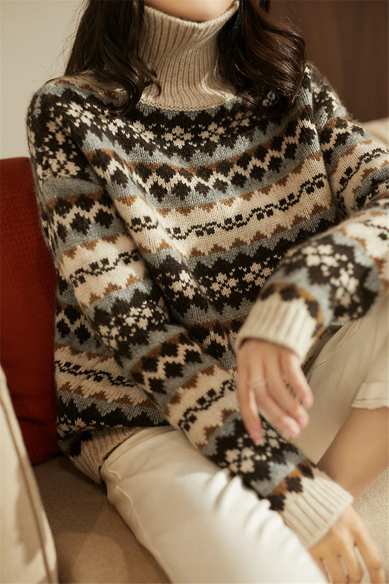 

Чистый шерстяной плотный вязаный многоцветный лоскутный винтажный жаккардовый женский модный свитер пуловеры с высоким воротником/ошечко...