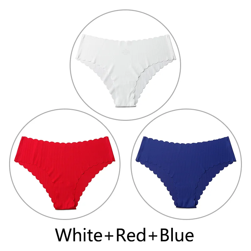 White Red Blue 3 шт./партия, сексуальные бесшовные трусики с оборками для женщин, полосатые трусы с низкой посадкой, цельное нижнее белье, женское нижнее белье, американский размер xs-l - Цвет: White Red Blue