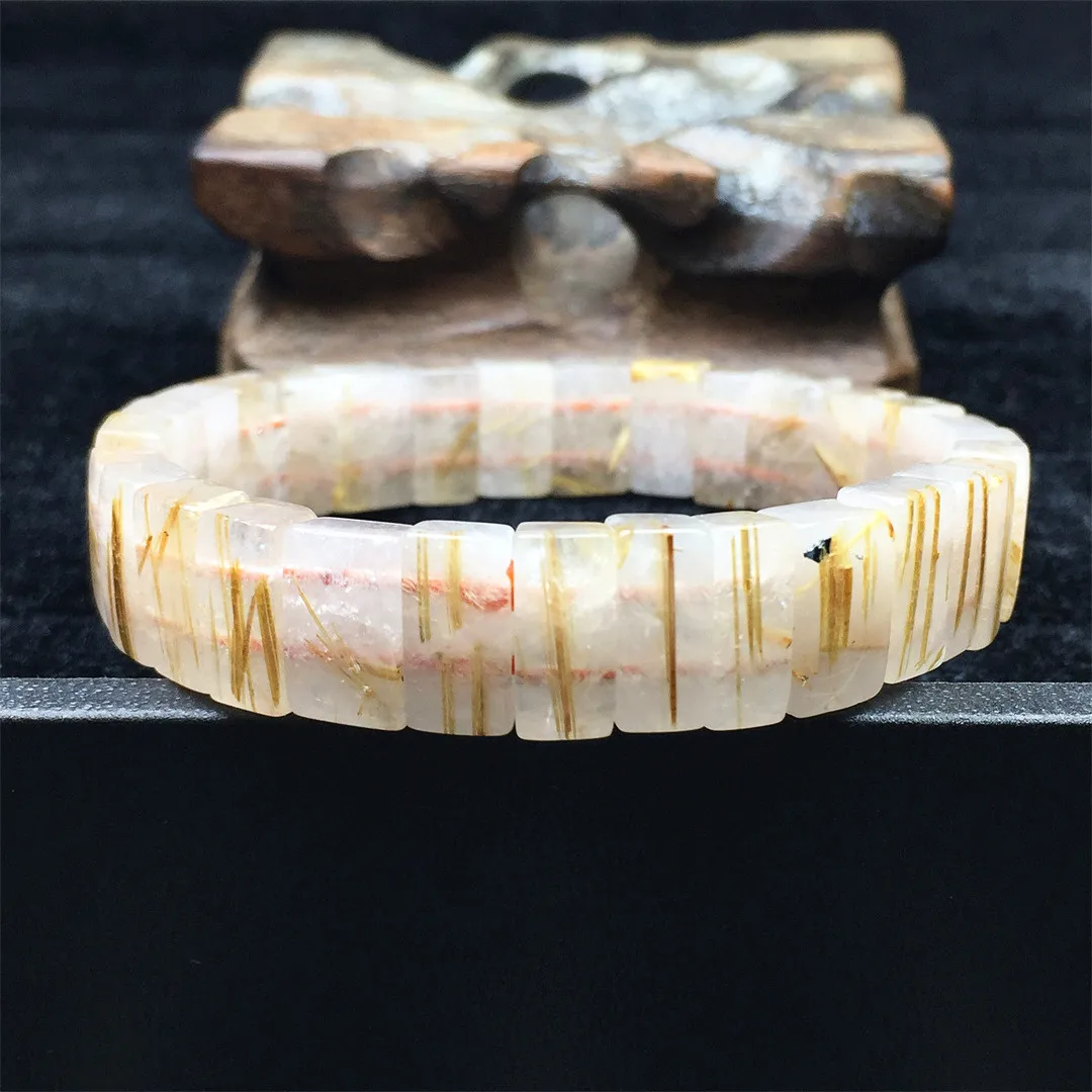 

Natural Gold Rutilated Quartz Bracelet Bangle For Women Men 12x7mm Beads Healing Wealth Stone Titanium Gemstone Stretch Jewelry