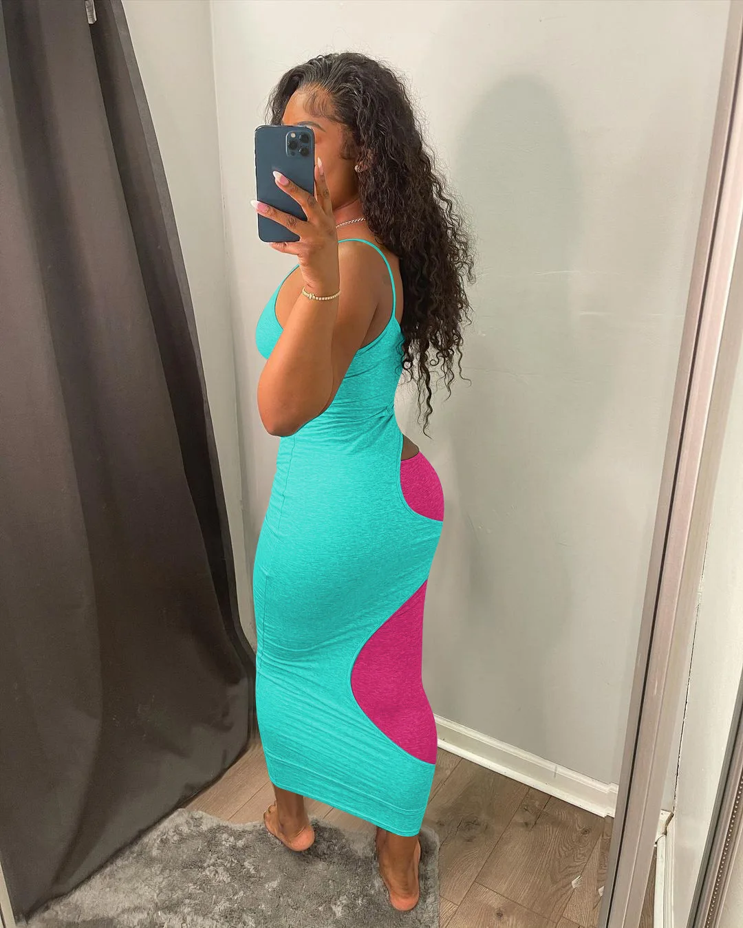 

Casual Color Block Patchwork Long Women Dress Sexy Spaghetti Strap V Neck Cut Out Bodycon Evening Club Party Dresses Robe Femme