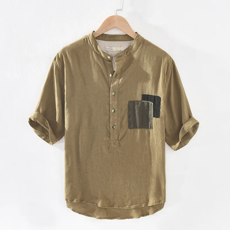 Рубашка мужская с коротким рукавом льняная дышащая сорочка в стиле пэчворк