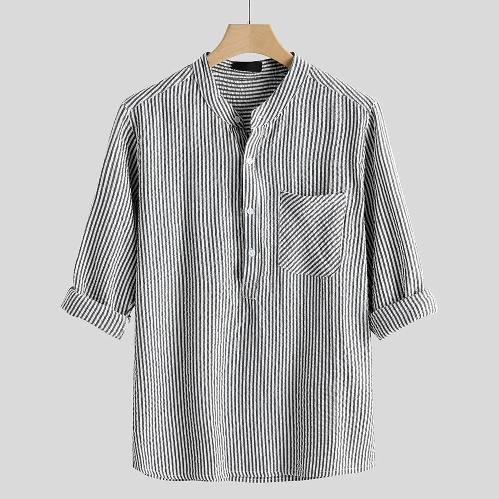 

Men's Clothing Summer Leisure Linen Long Sleeves T-shirt Stripe Printing Top Blouse Branded Men's Clothing Chemise Homme 2021