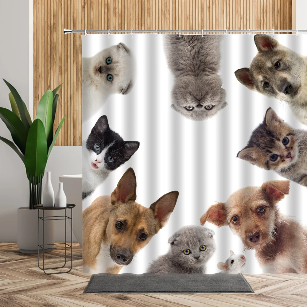 cartoon cute animal shower curtain set cat dog anime printed bathroom decor 3d waterproof bath fabric home curtains for children free global shipping