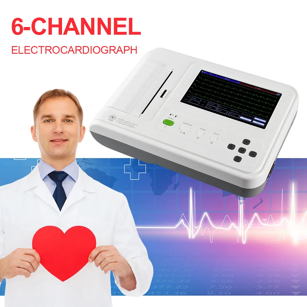 ECG600G Цифровой Электрокардиограф 6-канальный 12-проводной сенсорный экран EKG ECG с