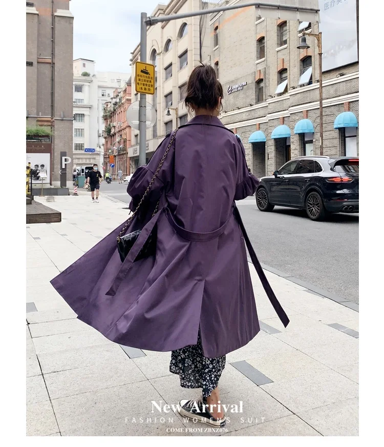 

2021 Spring Autumn Women Purple Long Trench Coat Female Fashion Double Breasted Slim Elegant Korean Belt Windbreaker Overcoat