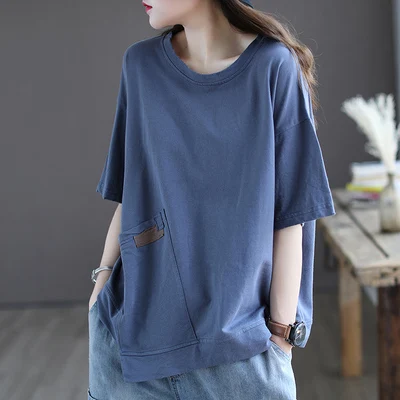 

HAN Short-sleeved T-shirt women's summer new style thin loose round neck color-blocking cotton shirt front pocket all-match