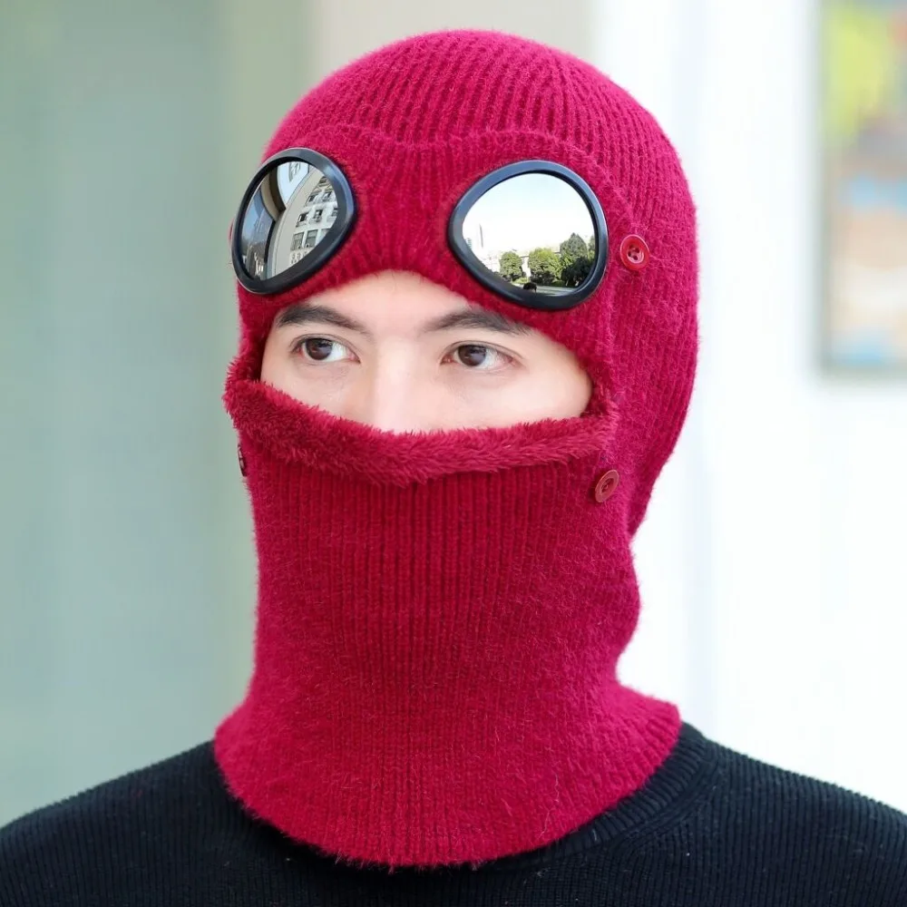 Зимние шапки в шляпе и очках Skullies Beanies Зимние шапки для мужчин женский шерстяной шарф головные уборы, Балаклава маска Knitted шапка вязаная