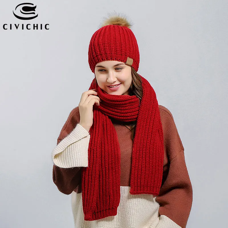 CIVICHIC Women Autumn Winter Knit Hat Scarf 2 PCS Warm Set Pompon Beanies Skullies Crochet Cap Thick Headwear Casual Shawl SH143 |