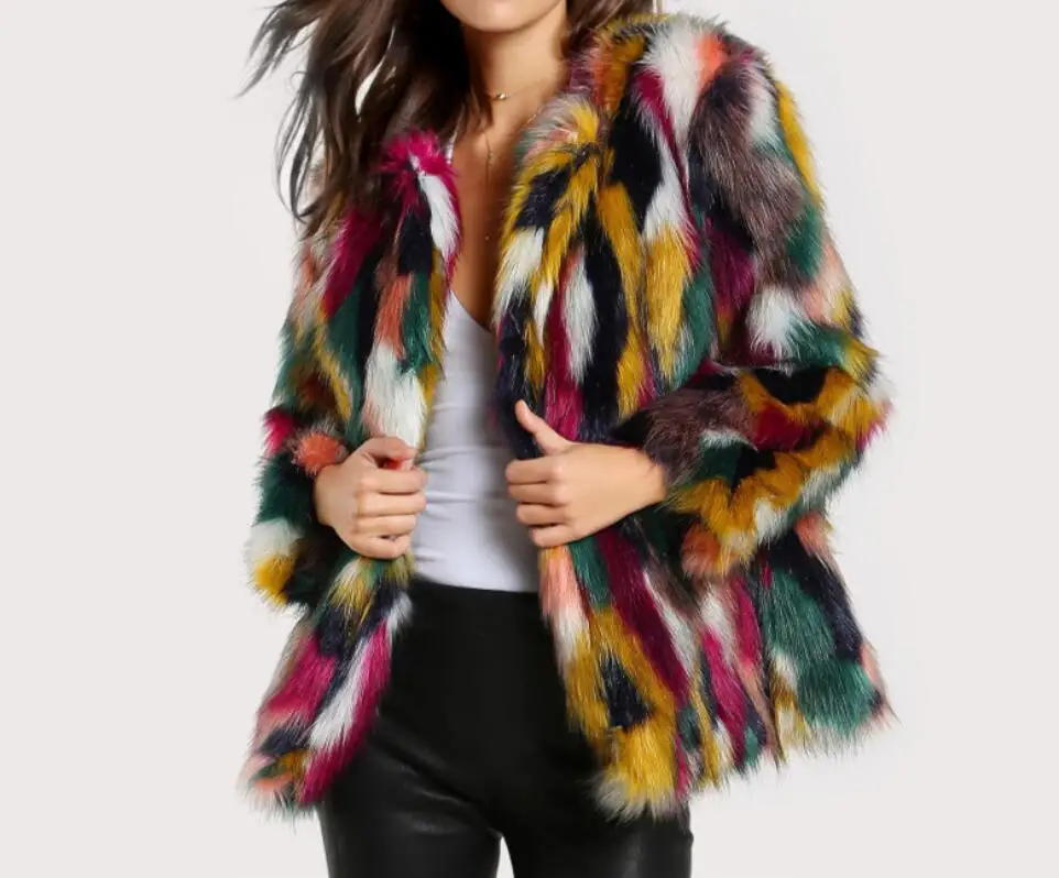 Fashion Contrast Multi color Faux Fur Coat Long Hairy Shaggy Outwear Women Autumn Winter Short Jacket Coat Tops