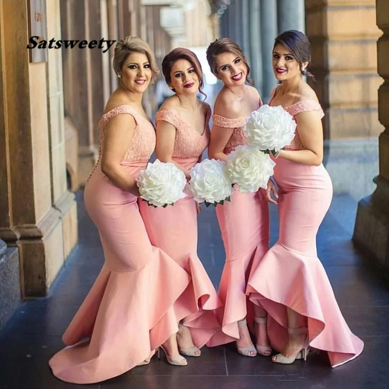 

Vestidos Blush Pink Trumpet Bridesmaid Dresses Lace And Satin V Neck Cap Sleeve High Low Formal Weddings Guest Party Gown