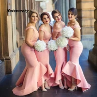 vestidos blush pink trumpet bridesmaid dresses lace and satin v neck cap sleeve high low formal weddings guest party gown