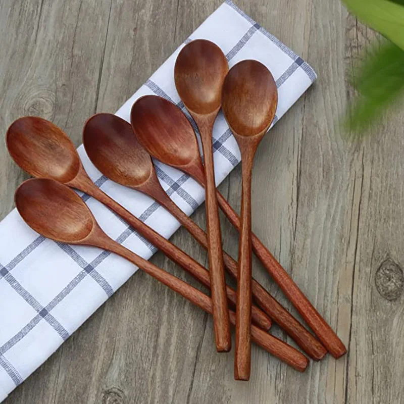 Wooden Spoons 6 Pieces Wood Soup for Eating Mixing Stirring Long Handle Spoon Kitchen Utensil  Дом и