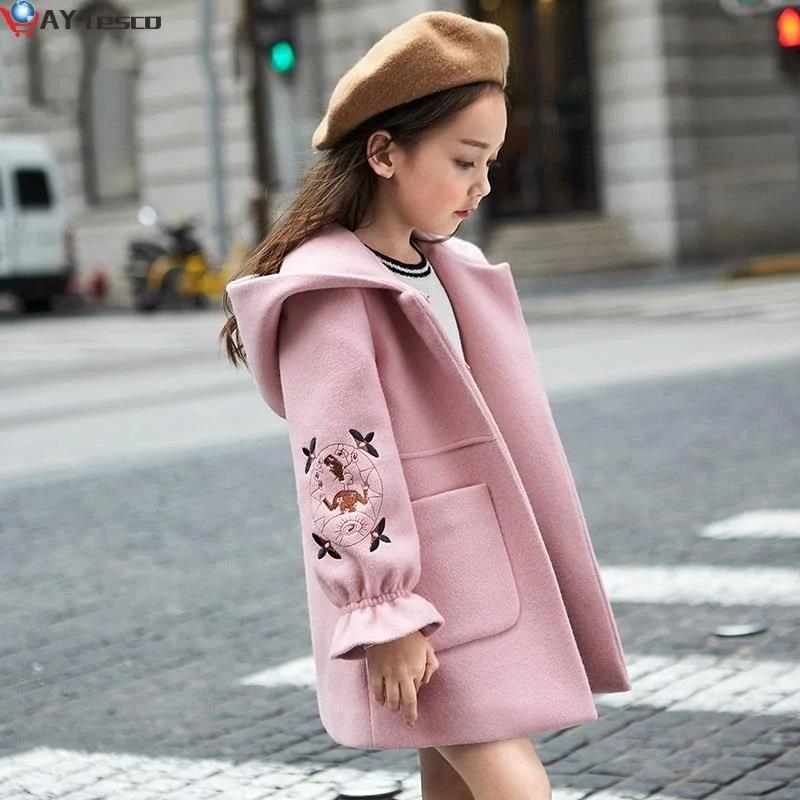 

2021 Autumn Winter Girls Woolen Coat Pink Red Flores Design Petal Sleeves Long Jacket for Kids Age 8 10 12T Yrs Old windbreaker