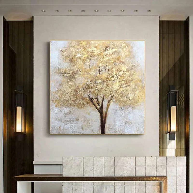 

Excellent Artist 100% Hand-painted High Quality Modern Fine Art Golden Foil Painting Acrylic Painting Gold Tree Acrylic Painting