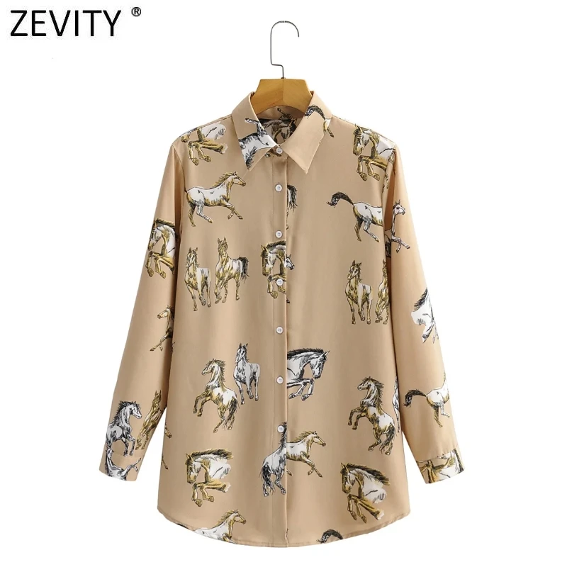 

Zevity 2021 Women Vintage Animal Horse Print Breasted Shirts Office Ladies Long Sleeve Business Blouse Chic Female Tops LS9172