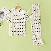 home sleepwear cotton viscose yellow bottom polka dots printed women pajamas suit casual home clothes women pajamas set