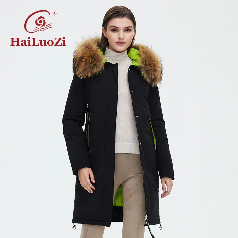 

HaiLuoZi Women's Winter Jacket Long Knee Length Women Coat Large Fur Collar Windproof Zipper Fashion Hooded Thick Parka 89-1