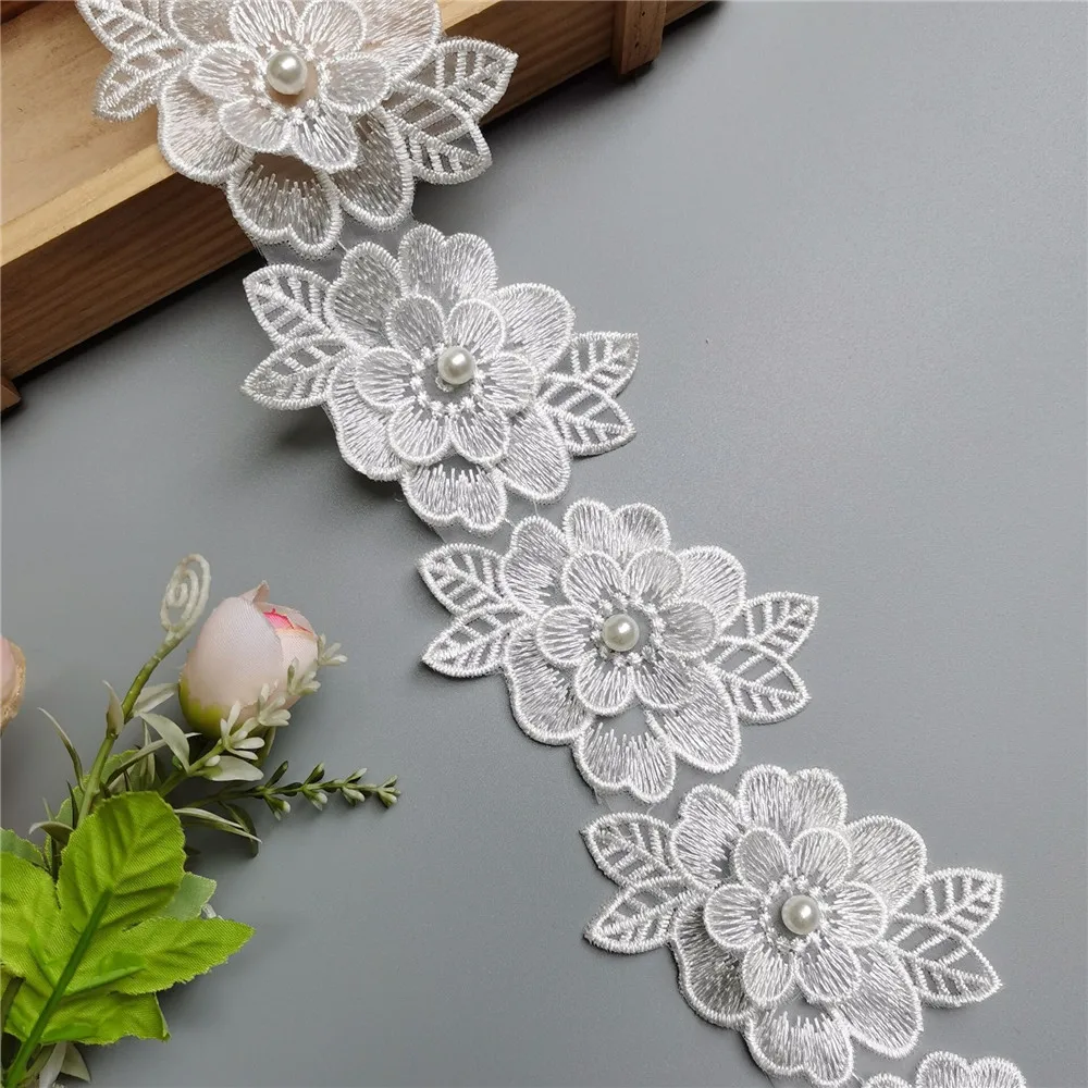 10 шт. белый цветок с жемчугом вышитая кружевная отделка по краям лента ткань в