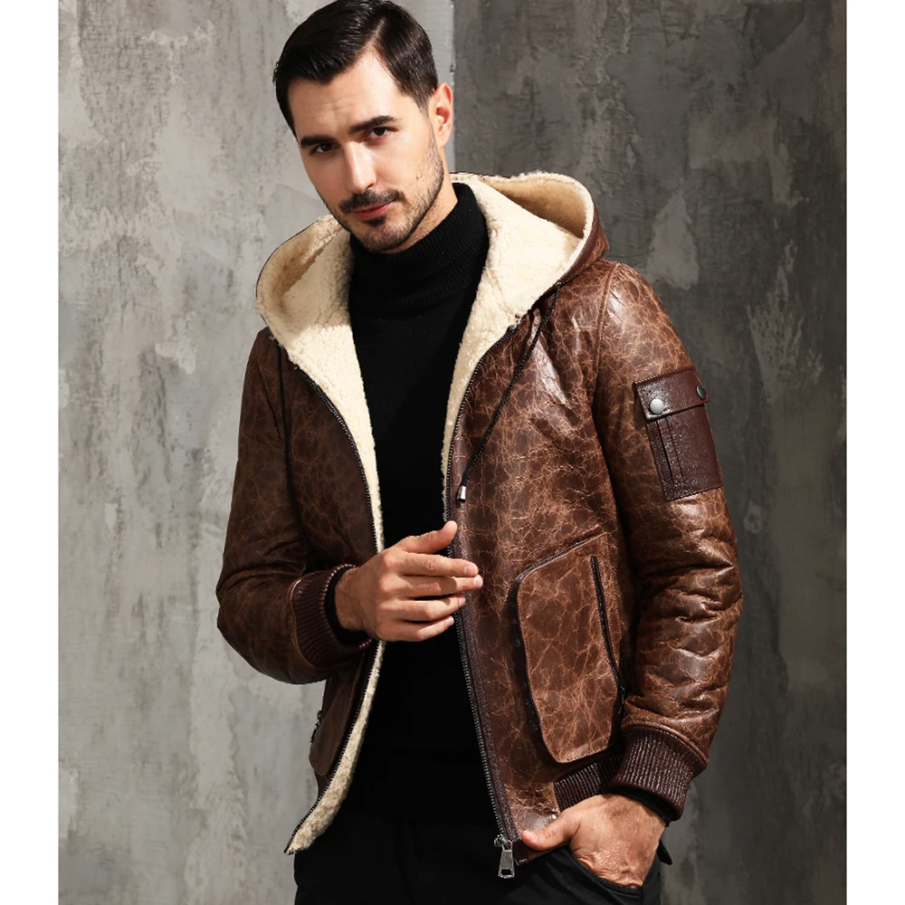 Мужская куртка из овчины с капюшоном Повседневная теплая зимняя цвета
