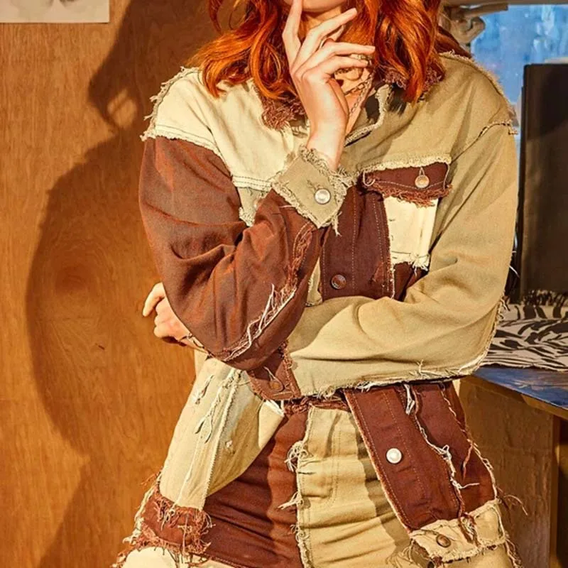 

Women's Denim Jacket Casual Blue Patchwork Jean jackets Autumn Plus Size Loose Jeans Coats Female