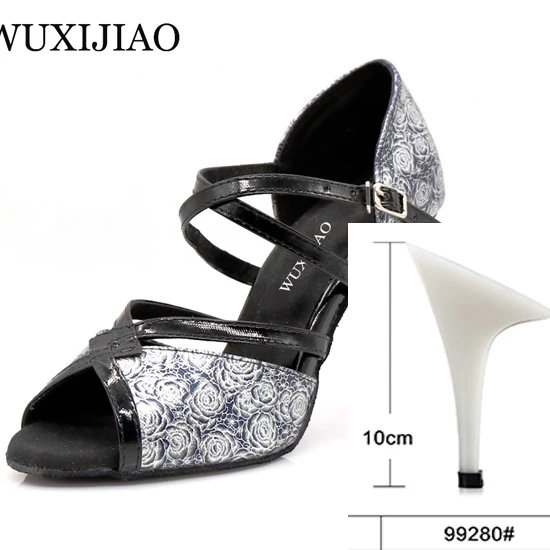 black heel 10cm WUXIJIAO розовый узор PU материал черные золотые латинские женские туфли для танцев сальса танцевальные вечерние со стразами Бальные Танцевальные Туфли 9 см - Цвет: black heel 10cm
