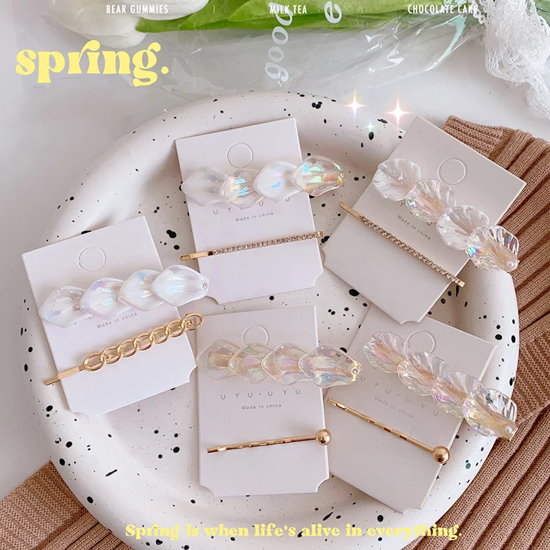 

New Fashion 2Pcs Set Shell Hair Clip For Women Korean Hairpins Geometric Crystal Hair Barrettes Girl Hairgrip Hair Accessories