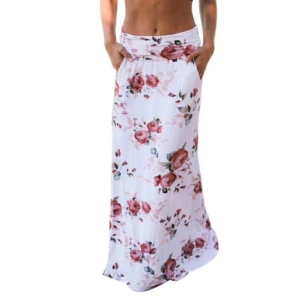 80% Hot Sale Boho Women Summer Beach Flower Print Low Waist Long Maxi Skirt with Pockets