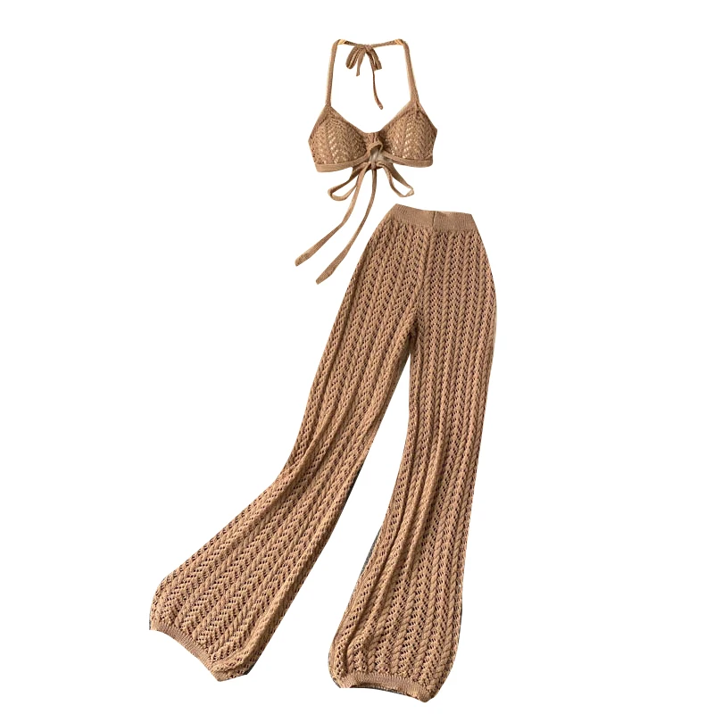 

Women Summer Design Knitted Set Sexy Backless Halter Short Tops+Chic Hollow Knitted Wide Leg Long Pants Two Piece Suit
