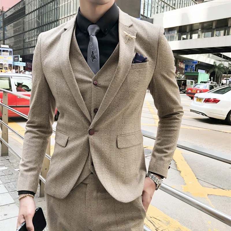 Plyesxale серого цвета и хаки мужские свадебные костюмы платья Slim Fit Мужская мода