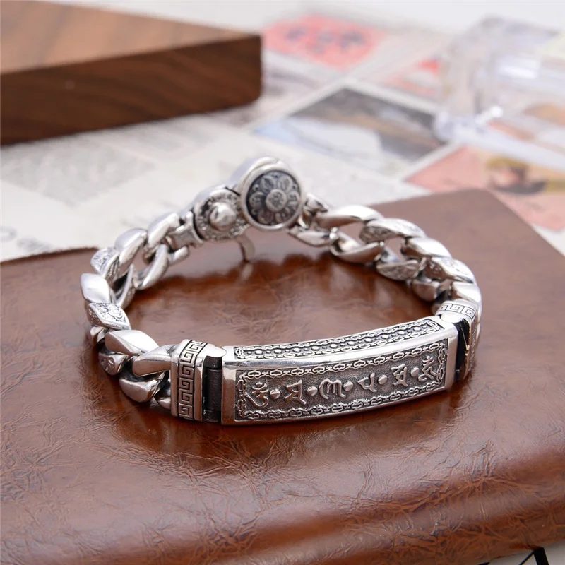 

S925 Sterling Silver Retro Six-character Mantra Men's Domineering Bracelet Fashion Personality Heavy Thai Silver Jewelry Gift