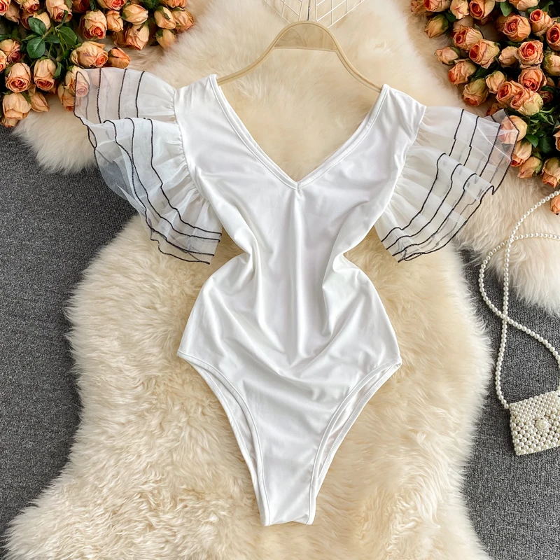 

New Style Summer Dance Costume Western-style Multi-layer Ruffled V-neck Jumpsuit Slim-fit Western-style Tops Fashion Small Shirt